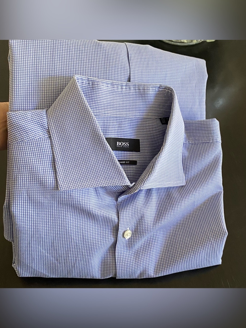 BOSS Hugo Boss Dress Shirt Blue/White Micro-Check Sharp Fit Cut 17.5 34 35